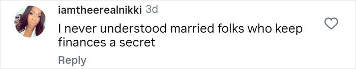 Comment on social media about finances, expressing confusion over married couples who keep their money secrets hidden.