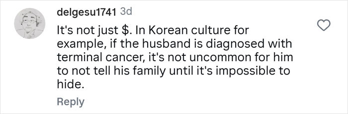 Comment about a husband hiding terminal illness from family, reflecting on themes of secrecy and revelation in relationships.