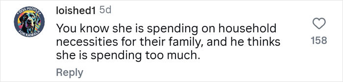 Social media comment about family spending, reflecting a guy hiding real net worth and facing a financial reality check.