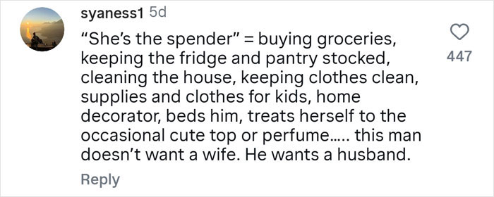 Comment explaining "She's the spender" phrase about household roles, linked to guy hiding real net worth from wife discussion.