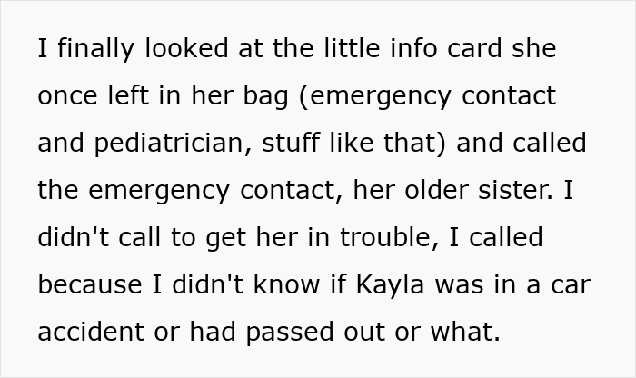 Text excerpt discussing emergency contact information found in a bag related to babysitting and a call for help.