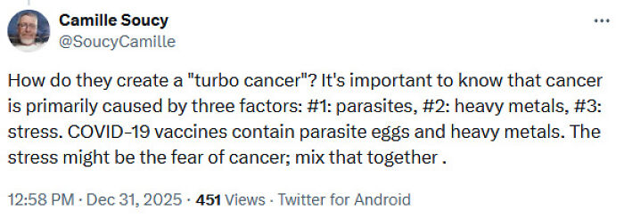 Tweet claiming cancer is caused by parasites, heavy metals, and stress, falsely linking COVID-19 vaccines to disease spread and misinformation.