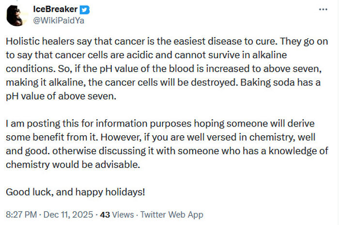 Tweet discussing misinformation from holistic healers about cancer and alkaline conditions, highlighting medical knowledge mistakes.