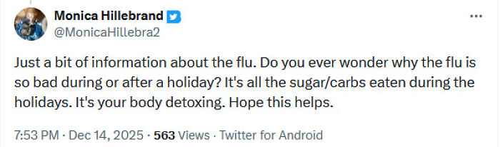 Screenshot of a social media post spreading medical misinformation about the flu and body detoxing during holidays.