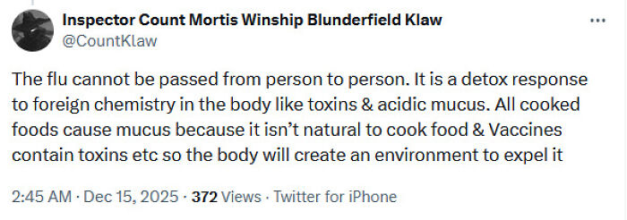 A viral tweet spreading medical misinformation about the flu, vaccines, and toxins, sparking online criticism.