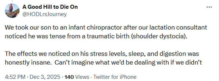 Tweet about taking a child to an infant chiropractor after birth trauma, illustrating medical knowledge shared and criticized online.