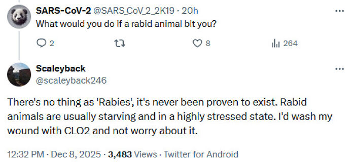 Screenshot of a mistaken medical claim on Twitter about rabies and wound treatment, illustrating misinformation spread.