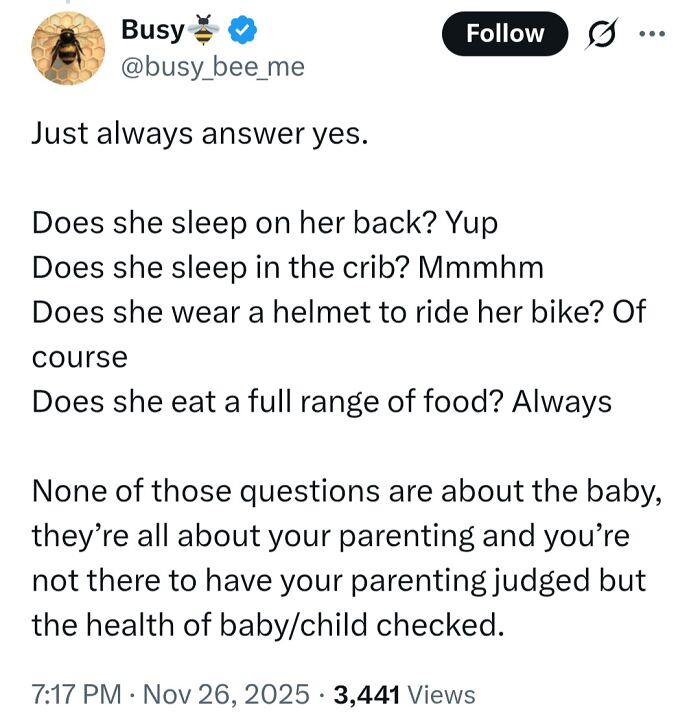 Tweet discussing parenting questions focused on child health, highlighting medical knowledge shared and critiqued online.