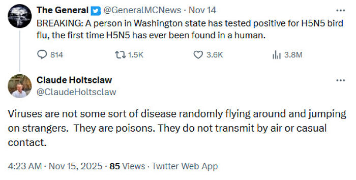 Tweet claiming H5N5 bird flu found in human, followed by misinformation about viruses and transmission, reflecting medical knowledge spread.