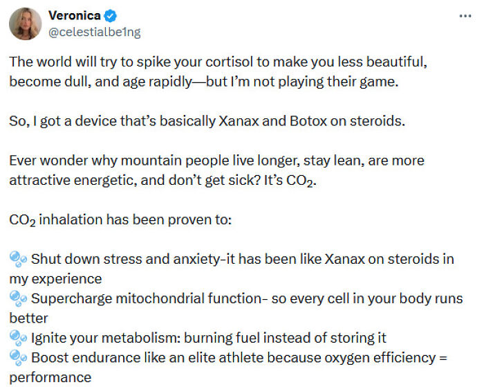 Social media post spreading questionable medical knowledge about CO2 inhalation and health benefits, widely criticized online.