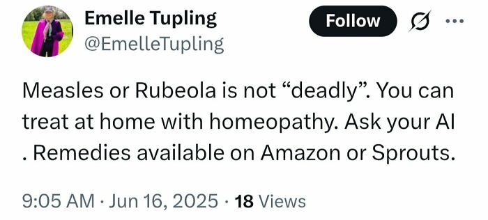 Tweet claiming measles is not deadly and can be treated at home with homeopathy, spreading false medical knowledge.