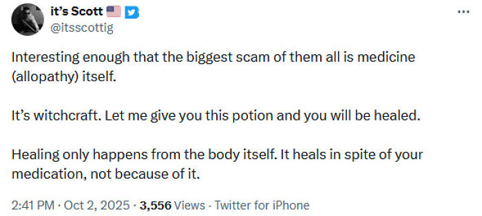 Tweet screenshot showing a medical misinformation post spreading false healing claims, sparking criticism online.