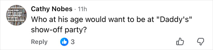 Comment from Cathy Nobes questioning why Barron Trump would attend a daddy's show-off party sparking paternity theories. Comment from Cathy Nobes questioning why Barron Trump would attend a daddy's show-off party sparking paternity theories.