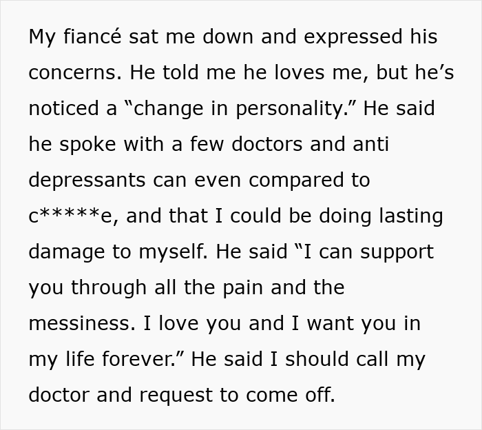 Text message conversation describing a fiancé expressing concerns about medication and changes in personality. Text message conversation describing a fiancé expressing concerns about medication and changes in personality.