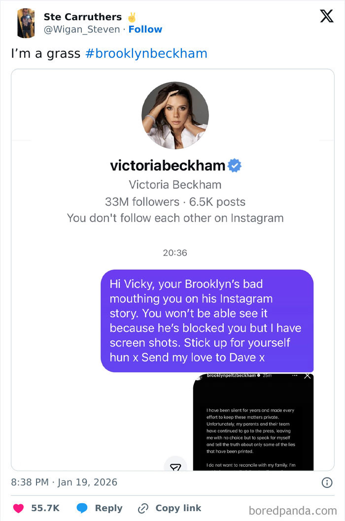 Screenshot of a Twitter post referencing Victoria Beckham and interactions involving Brooklyn Beckham on Instagram.