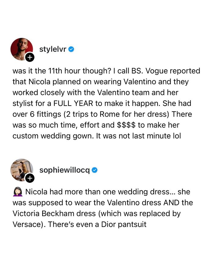 Comments discussing Nicola's wedding dresses involving Valentino, Victoria Beckham, and Versace at fashion events.