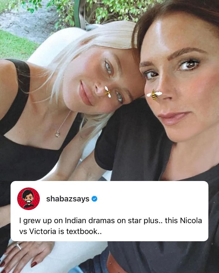 Victoria Beckham and Nicola Peltz close-up selfie with bee filter, highlighting Victoria Beckham memes from wedding event.