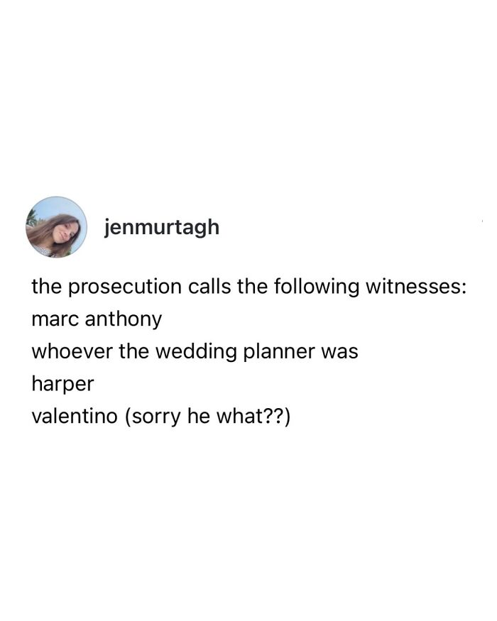 Text meme about wedding witnesses including Marc Anthony and a humorous mention of Victoria Beckham at wedding.