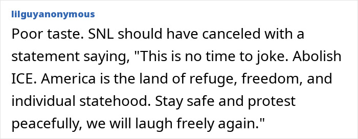 Comment criticizing SNL for joking about ICE, urging peaceful protest and calling for abolishing ICE. Comment criticizing SNL for joking about ICE, urging peaceful protest and calling for abolishing ICE.