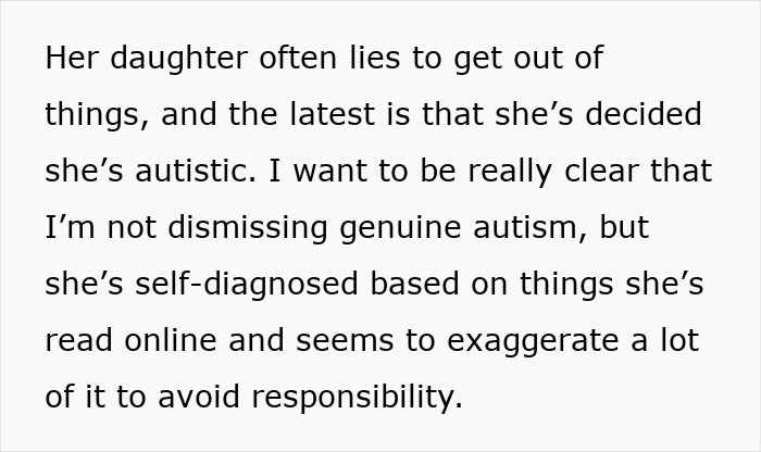 Text discussing a daughter who uses self-diagnosed autism to avoid responsibility, affecting the daughter-step-up-help-mom dynamic.