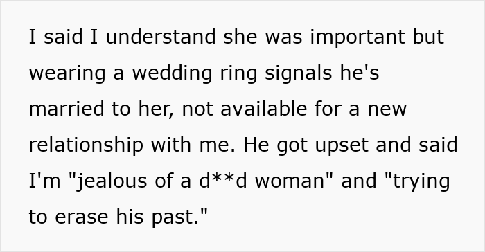Text excerpt about a woman confronting her widower boyfriend about his wedding ring leading to a harsh reality check.