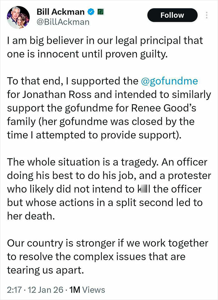 Bill Ackman tweet explaining his controversial donation supporting ICE agent amid tragic protest incident.