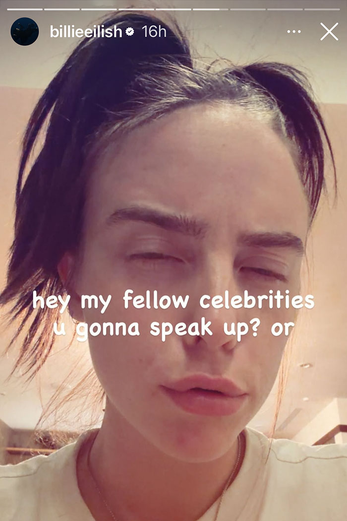 Billie Eilish close-up selfie with text overlay asking fellow celebrities to speak up on American way of thinking controversy.