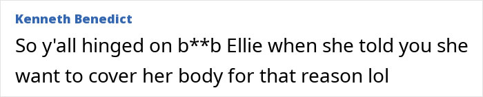 Brunette Sydney Sweeney screenshot of a social media comment by Kenneth Benedict about Ellie covering her body