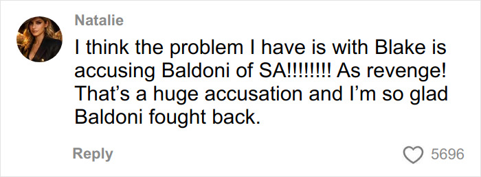 Comment by Natalie discussing accusations involving Justin Baldoni and Blake Lively amidst testimony from Blake Lively's driver.