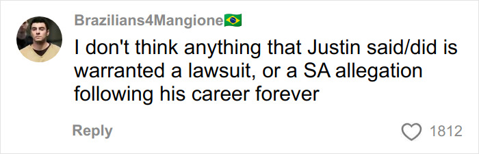 Screenshot of a social media comment discussing disturbing comments by Justin Baldoni during Blake Lively's driver testimony.