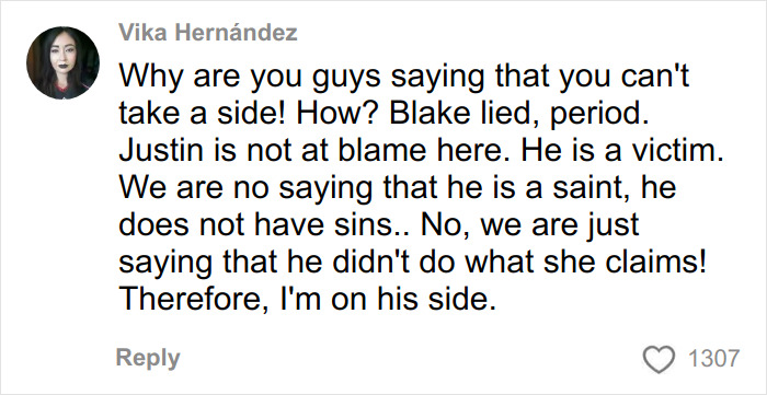 Comment defending Justin Baldoni amid disturbing claims exposed by Blake Lively's driver during testimony, viewed on a social media platform.