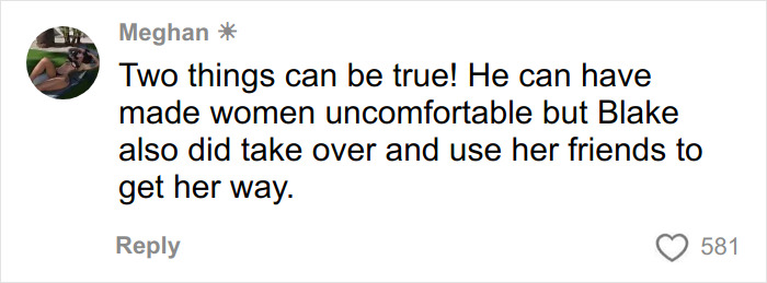 Comment by user Meghan discussing Justin Baldoni making women uncomfortable and Blake Lively's involvement in a social dispute.
