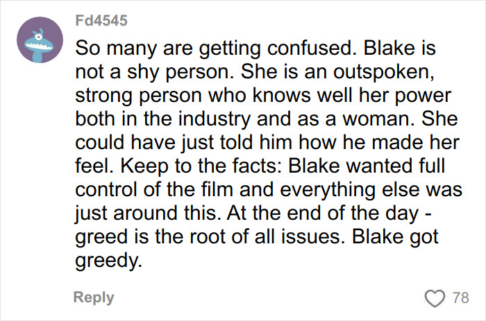 Comment by user Fd4545 discussing Blake Lively’s strong personality amid disturbing comments by Justin Baldoni.