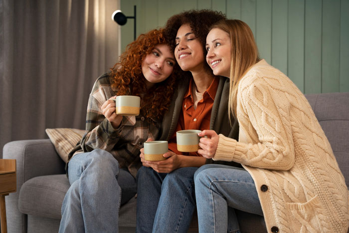 Three women friends cuddling on a sofa with mugs, smiling, illustrating boyfriend ban friends concerns