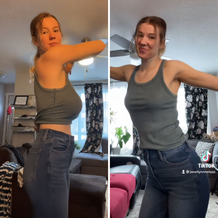 Young woman in casual outfit posing indoors, highlighting her breast reduction transformation in a viral social media video.