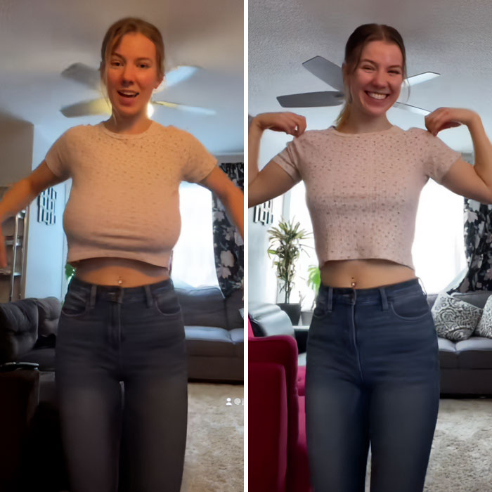 Woman wearing pink shirt and jeans before and after breast reduction, smiling in a home living room setting.