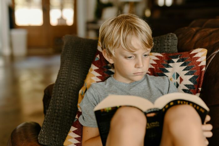 Young boy sitting on a couch, deeply focused on reading a book, showing early signs of intelligence and curiosity.