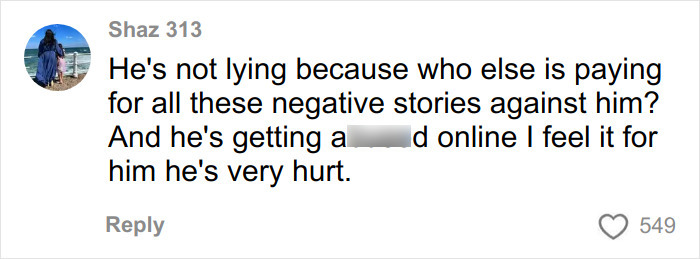 Comment from Shaz 313 defending Brooklyn Beckham amid negative stories, expressing sympathy for his online struggles and pain.