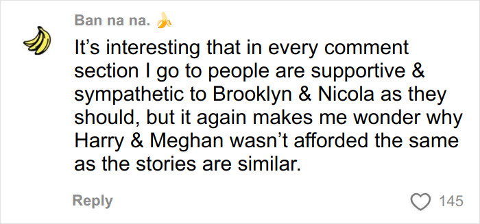 Comment highlighting sympathy for Brooklyn Beckham and Nicola amid family feud discussions online.