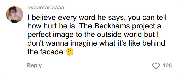 Screenshot of an online comment discussing Brooklyn Beckham family feud and emotional impact behind the public image.