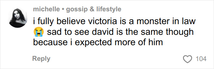 Comment from Michelle expressing beliefs about Victoria and disappointment in David, related to Brooklyn Beckham family feud.