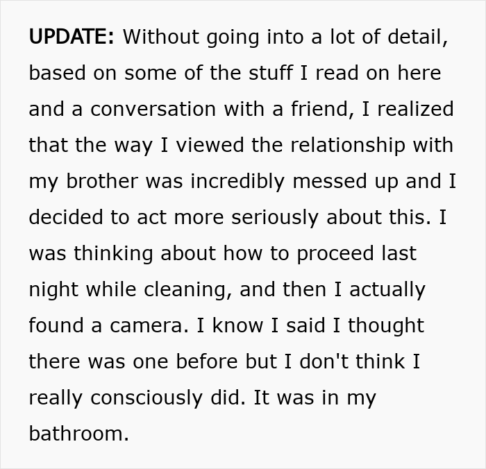 Text excerpt describing a woman realizing her brother's stalker tendencies after finding a hidden camera in her bathroom.