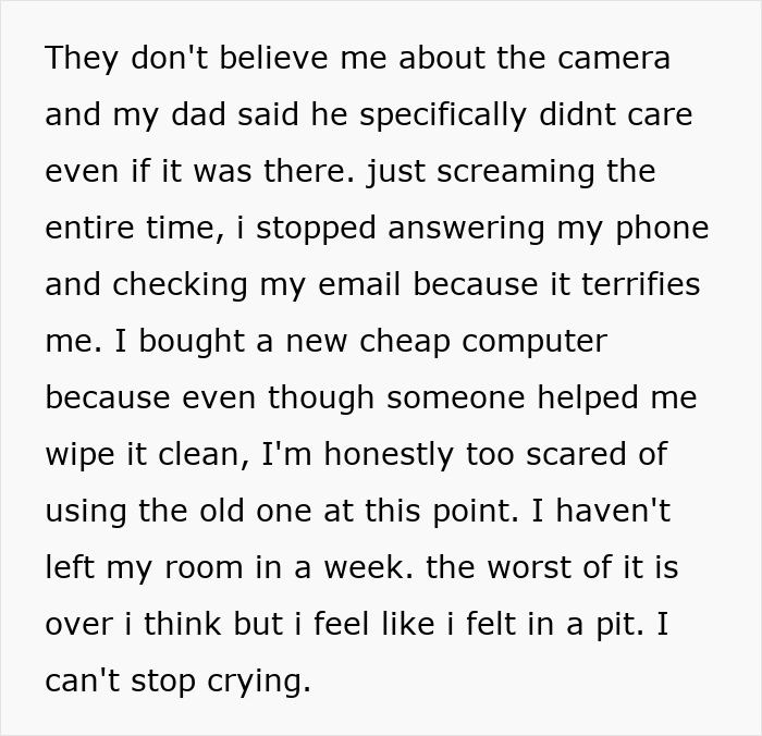 Text excerpt describing fear and emotional distress caused by brother's stalker tendencies impacting college, job, and sanity.