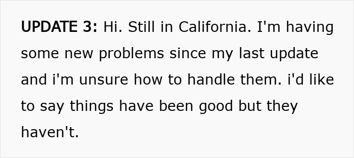 Text update on a screen showing a woman&rsquo;s struggles with brother&rsquo;s stalker tendencies affecting her college, job, and sanity.