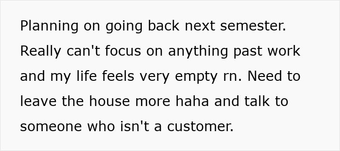 Text message expressing struggle with focus, emptiness, and desire to leave house amid brother's stalker tendencies affecting college and job.