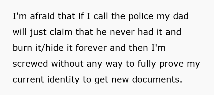 Text about fear of calling police due to dad hiding evidence, highlighting impact of brother's stalker tendencies on life.