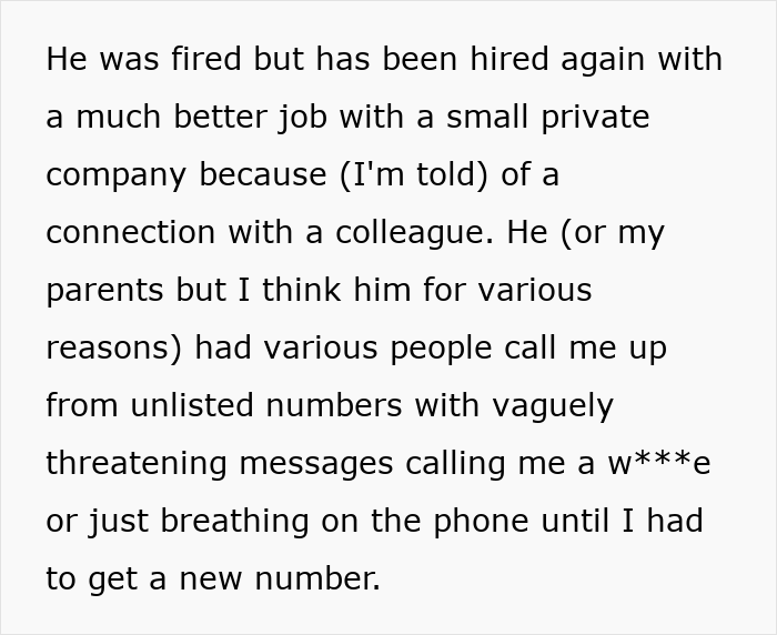 Alt text: Text describing a woman losing college, job, and sanity due to brother&rsquo;s stalker tendencies and threatening phone calls.