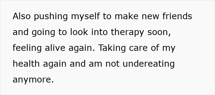 Text about pushing to make new friends, seeking therapy, and improving health after brother's stalker tendencies caused loss.
