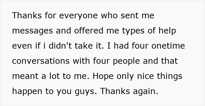 Text message expressing gratitude for support despite challenges faced due to brother's stalker tendencies causing loss.