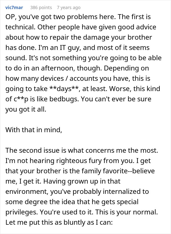 Reddit comment discussing technical advice and emotional impact of brother's stalker tendencies affecting college, job, and sanity.